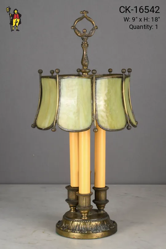 Three Candle Art/Slag Glass Shaded Bouliette Table Lamp