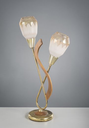 Mid-Century Brass & Wood Table Lamp