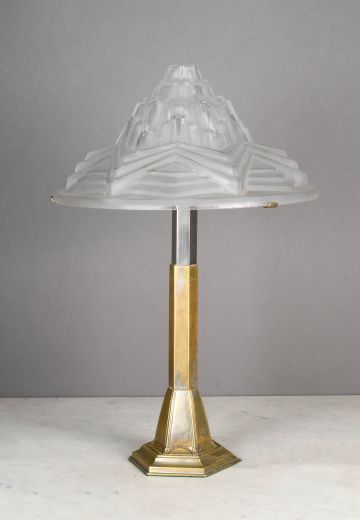 Molded Art Deco Glass Shaded Brass Table Lamp