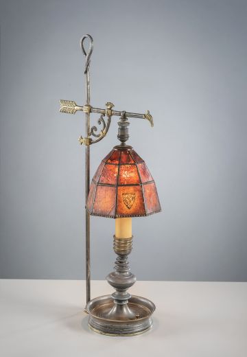 Antique Brass Bridge Table Lamp w/Amber Mica Shade