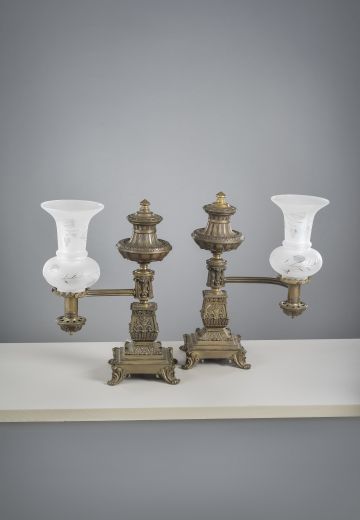 Brass Mantel Lamps w/Frosted Glass Shades