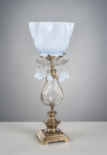 Brass Electrified Oil Table Lamp w/Crystal Drops