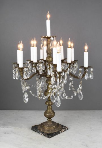 Antique Brass Thirteen Light Marble Based Table Candelabra