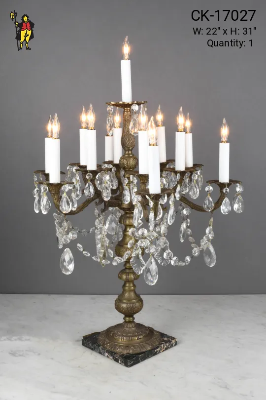 Antique Brass Thirteen Light Marble Based Table Candelabra