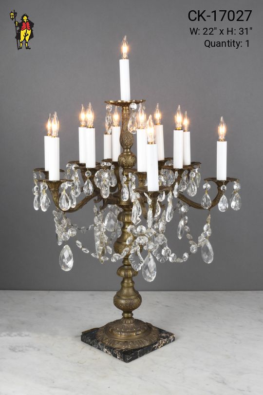 Antique Brass Thirteen Light Marble Based Table Candelabra