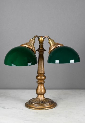 Antique Brass Green Glass Shaded Two Light Table Lamp