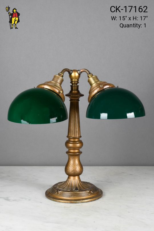 Antique Brass Green Glass Shaded Two Light Table Lamp
