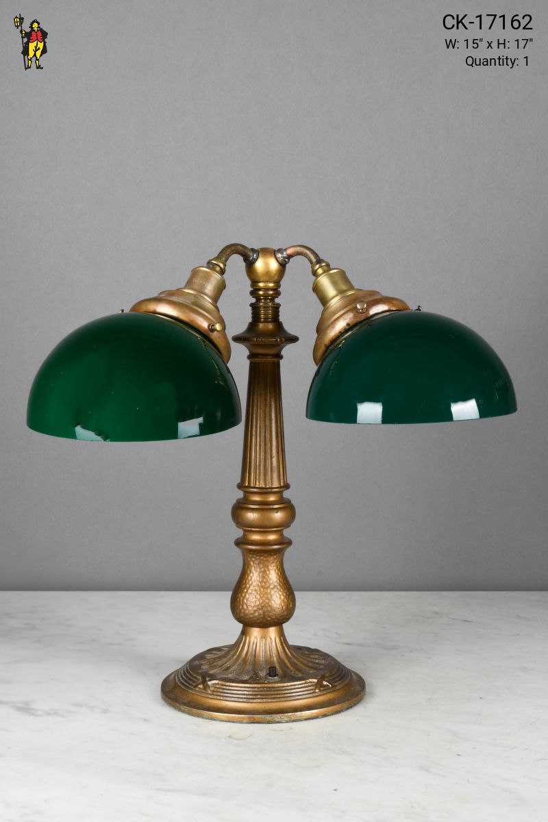 Antique Brass Green Glass Shaded Two Light Table Lamp Table Lamps Collection City Knickerbocker Lighting Rentals