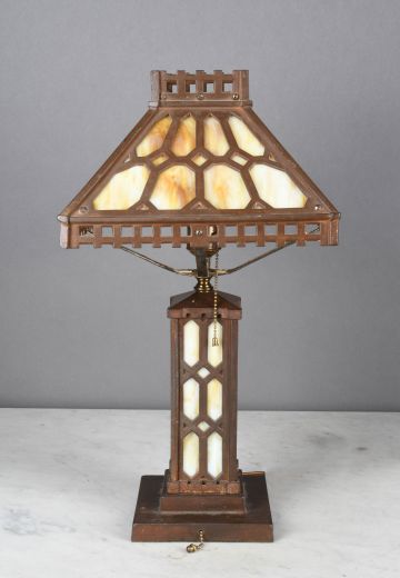 Bronze & Slag Glass Mission Style Table Lamp