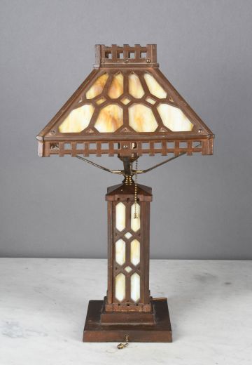 Bronze & Slag Glass Table Lamp