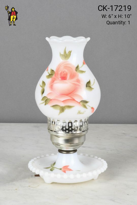 Small Floral Painted Glass Faux Oil Style Table Lamp