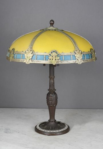 Yellow & Blue Art Glass Shaded Bronze Table Lamp
