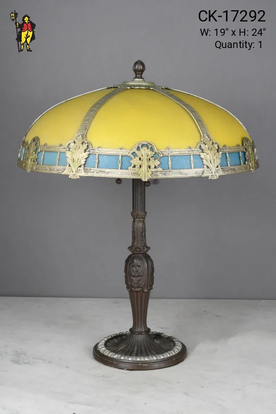 Yellow & Blue Art Glass Shaded Bronze Table Lamp