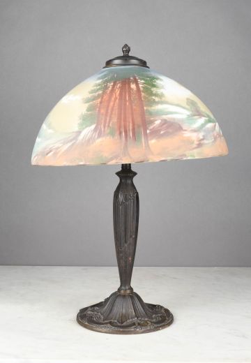 Bronze Table Lamp w/Reverse Painted Forrest Scene Glass Shade