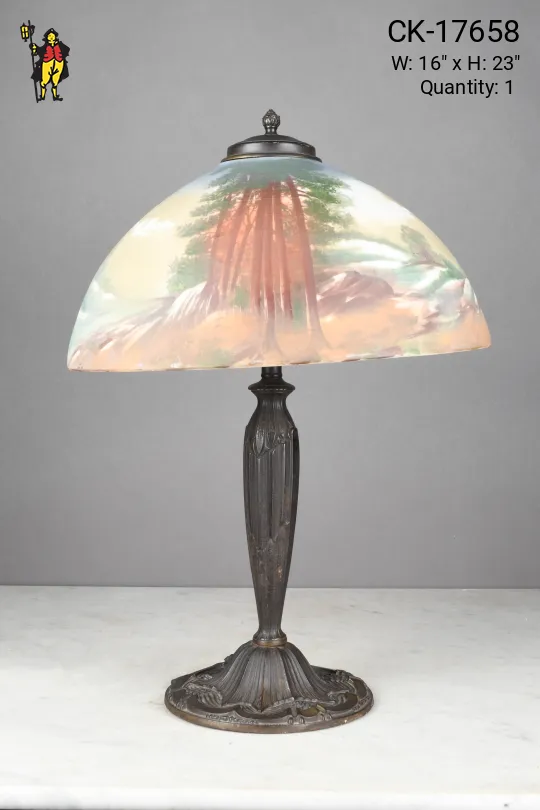 Bronze Table Lamp w/Reverse Painted Forrest Scene Glass Shade