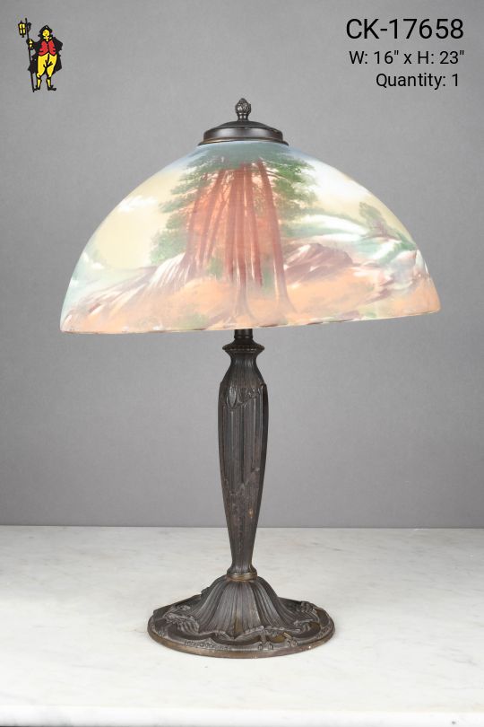Bronze Table Lamp w/Reverse Painted Forrest Scene Glass Shade