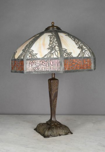 Floral Pattern Art/Slag Glass Shaded Bronze Table Lamp