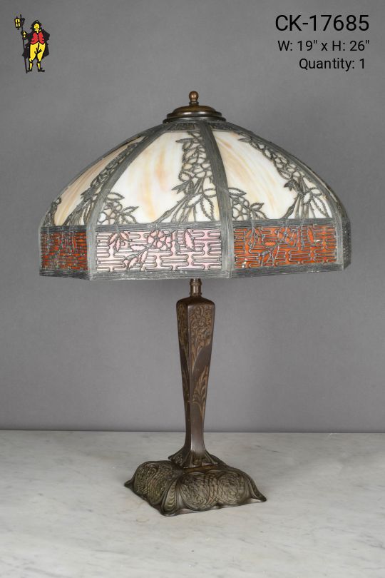 Floral Pattern Art/Slag Glass Shaded Bronze Table Lamp