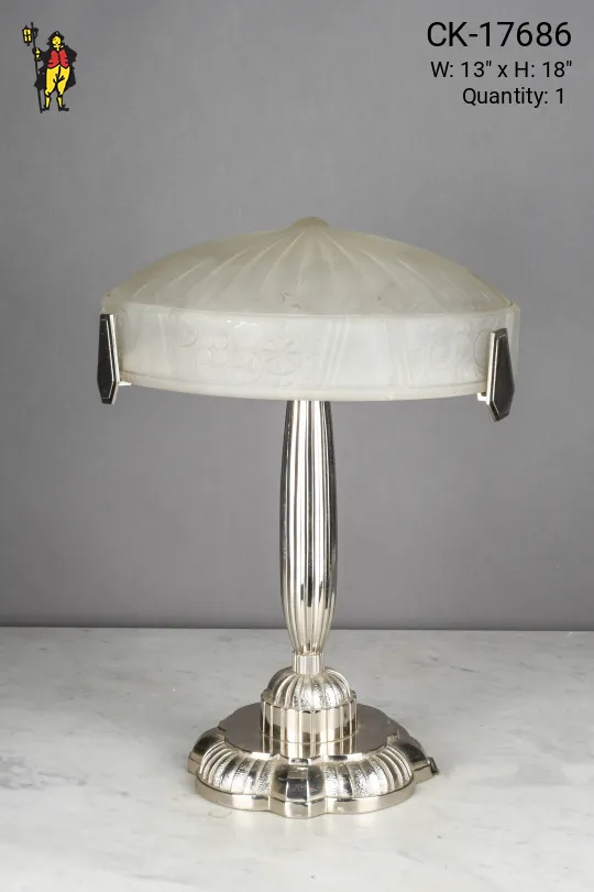 Polished Nickel Art Deco Molded Glass Shaded Table Lamp