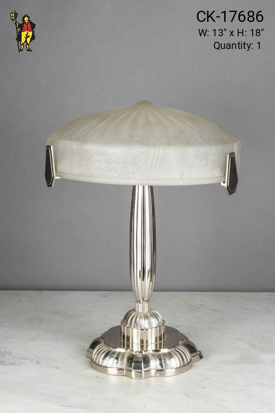 Polished Nickel Art Deco Molded Glass Shaded Table Lamp