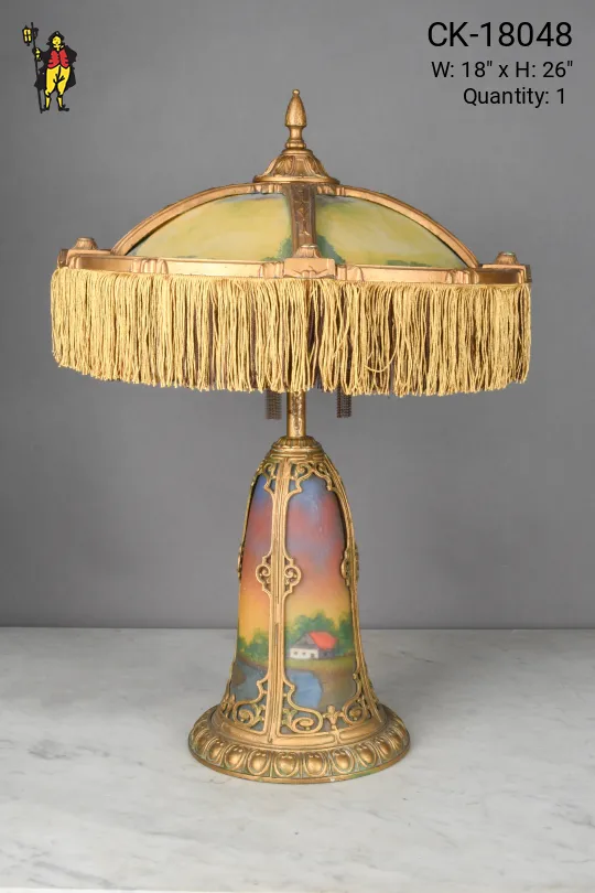 Reverse Painted Rural Scene Table Lamp