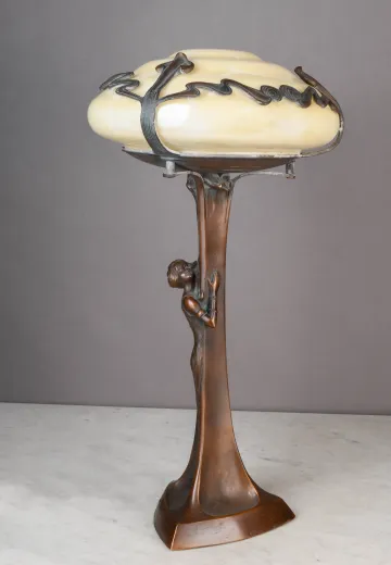 Glass Shaded Bronze Figure Table Lamp