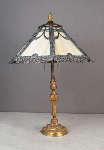 Slag Glass Shaded Brass Table Lamp