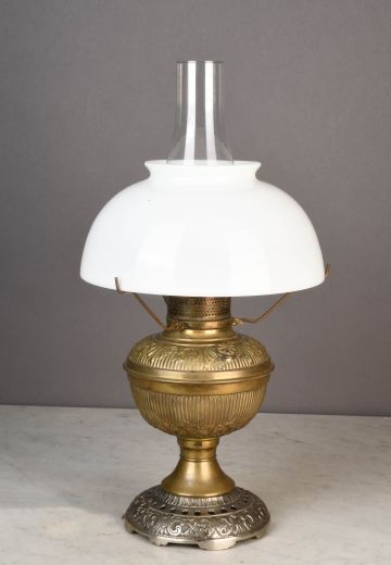 Electrified Faux Oil Brass Table Lamp w/White Glass Shade & Chimney
