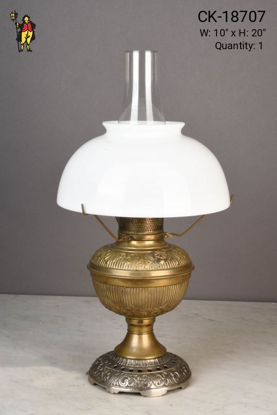 Electrified Faux Oil Brass Table Lamp w/White Glass Shade & Chimney