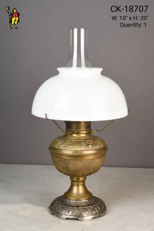 Electrified Faux Oil Brass Table Lamp w/White Glass Shade & Chimney