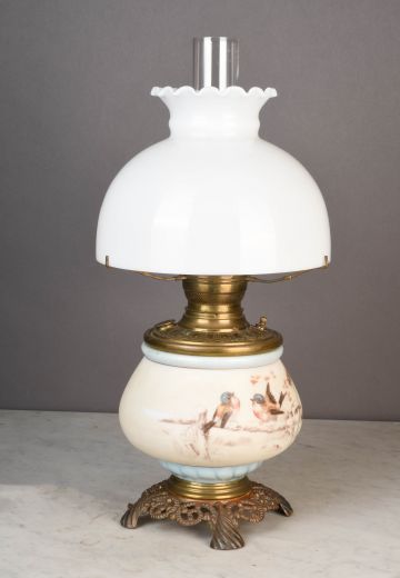 Electrified Faux Oil Painted Birds Table Lamp w/Glass Shades
