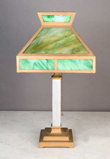 Green Slag Glass Shaded Table Lamp