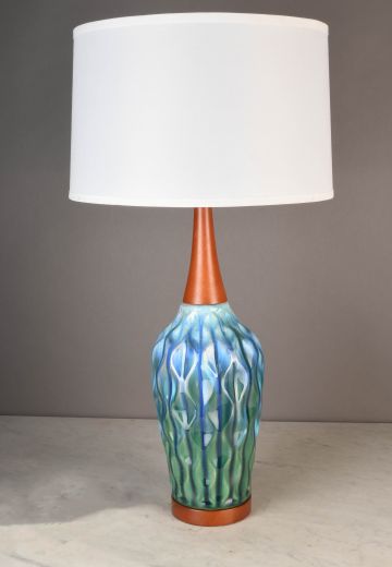 Painted Blue & Green Ceramic & Wooden Accented Table Lamp