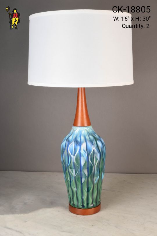 Painted Blue & Green Ceramic & Wooden Accented Table Lamp