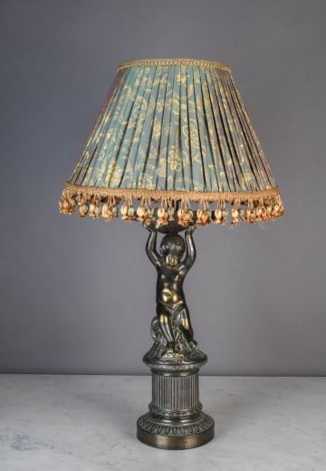 Bronze Figure Table Lamp w/Green Fringe Shade