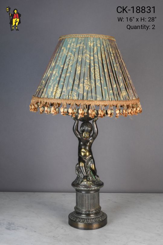 Bronze Figure Table Lamp w/Green Fringe Shade