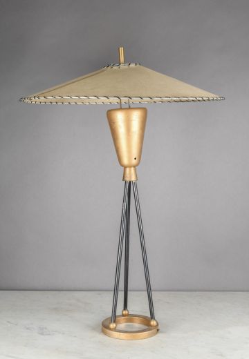 Black & Brass Space Age Mid Century Tripod Table Lamp w/Large Fiberglass Shade