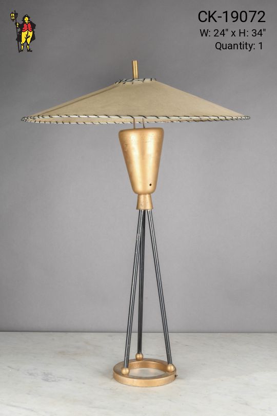 Black & Brass Space Age Mid Century Tripod Table Lamp w/Large Fiberglass Shade