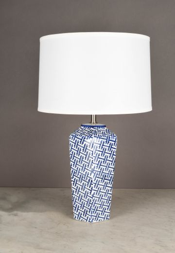 Blue & White Geometric Pattern Ceramic Table Lamp