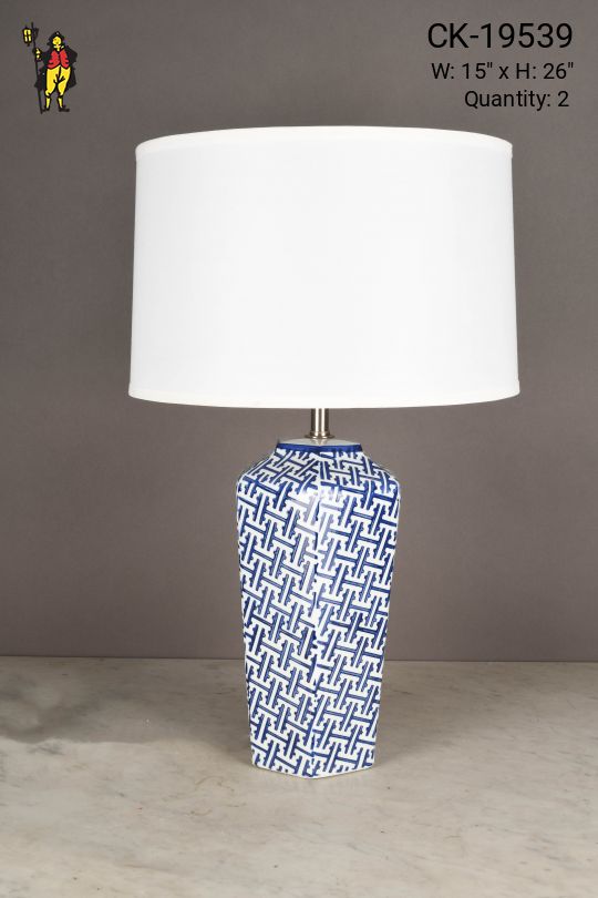 Blue & White Geometric Pattern Ceramic Table Lamp