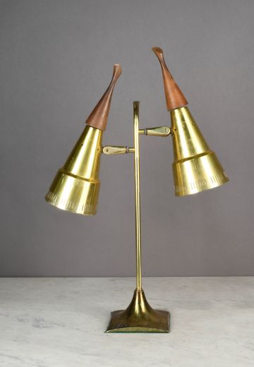 Polished Brass & Wood Mid Century Directional Table Lamp