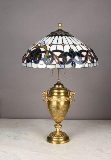 Brass Urn Style Table Lamp w/Multicolor Slag Glass Sahde