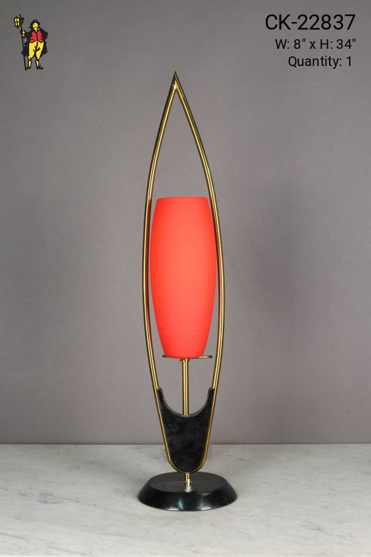 Black & Brass Red Glass Shaded Mid Century Table Lamp