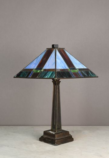 Blue & Green Slag Glass Shaded Bronze Table Lamp