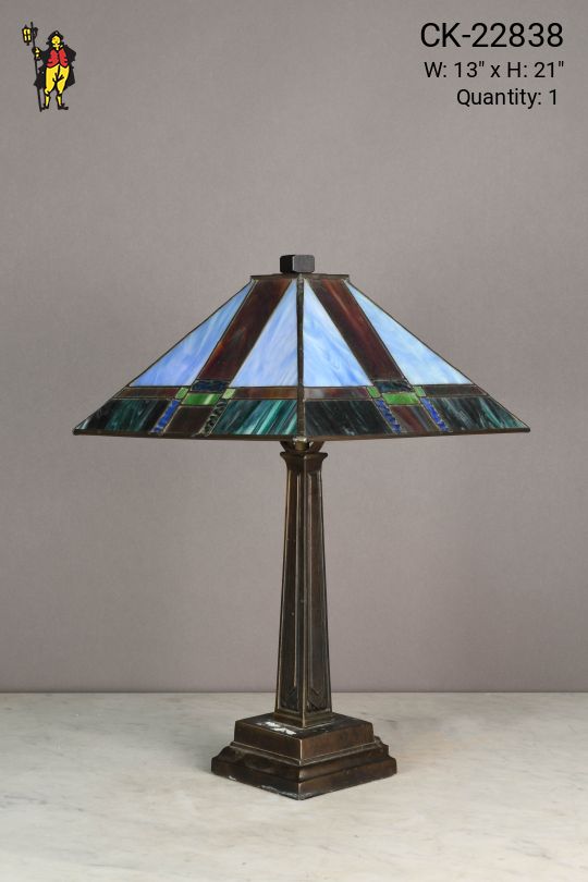 Blue & Green Slag Glass Shaded Bronze Table Lamp