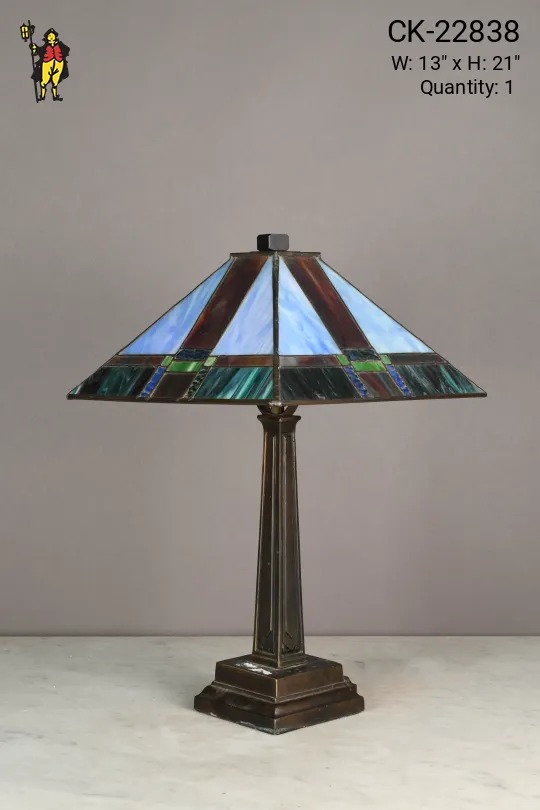 Blue & Green Slag Glass Shaded Bronze Table Lamp