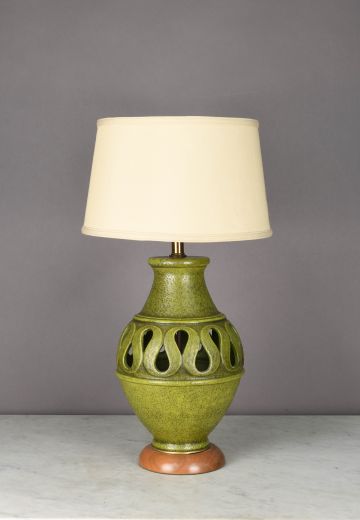 Green Mid Century Table Lamp w/Wooden Base