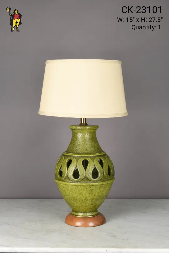 Green Mid Century Table Lamp w/Wooden Base