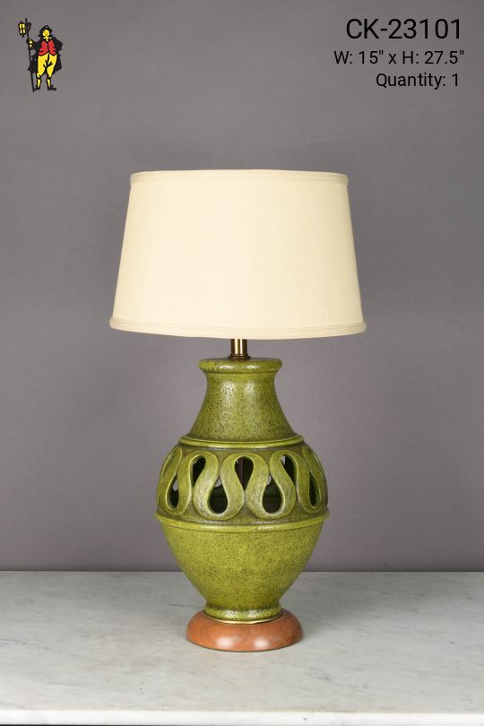 Green Mid Century Table Lamp w/Wooden Base
