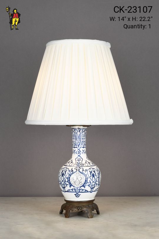 Metal Footed Traditional White & Blue Painted Ceramic Table Lamp